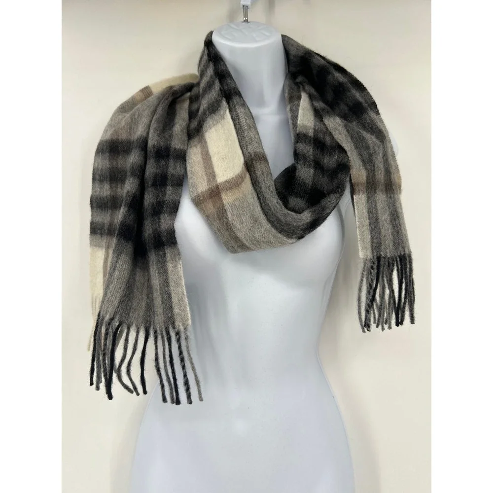 Edinburgh 100% Lambswool Tartan Scarf Chequer Gray Light Yellow NWT